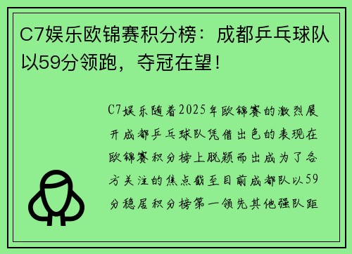 C7娱乐欧锦赛积分榜：成都乒乓球队以59分领跑，夺冠在望！