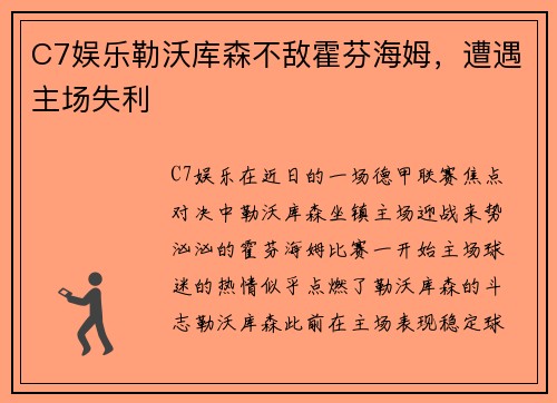 C7娱乐勒沃库森不敌霍芬海姆，遭遇主场失利